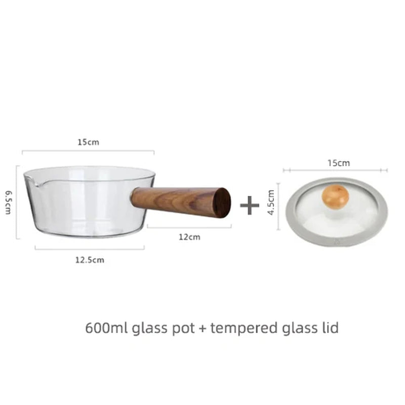 400Ml/600Ml Glass Pot with Wooden Handle Transparent Cooking Heating Milk Soup Noodles Household Kitchen Cookware Clay Stockpot