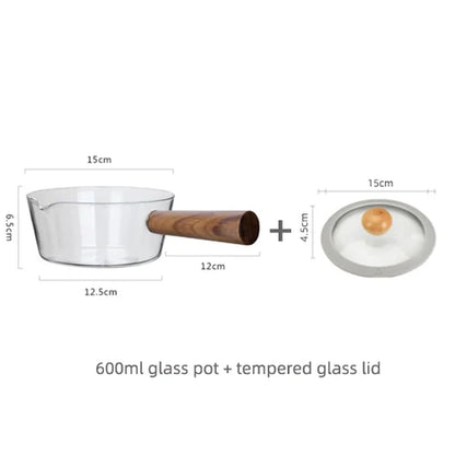 400Ml/600Ml Glass Pot with Wooden Handle Transparent Cooking Heating Milk Soup Noodles Household Kitchen Cookware Clay Stockpot