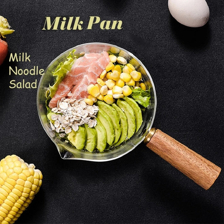 400Ml/600Ml Glass Pot with Wooden Handle Transparent Cooking Heating Milk Soup Noodles Household Kitchen Cookware Clay Stockpot