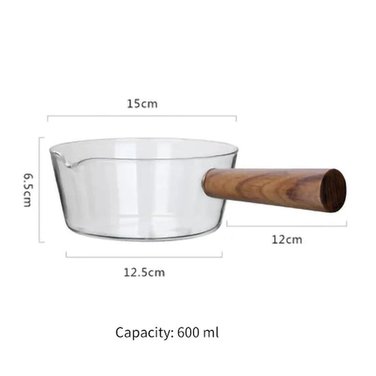 400Ml/600Ml Glass Pot with Wooden Handle Transparent Cooking Heating Milk Soup Noodles Household Kitchen Cookware Clay Stockpot